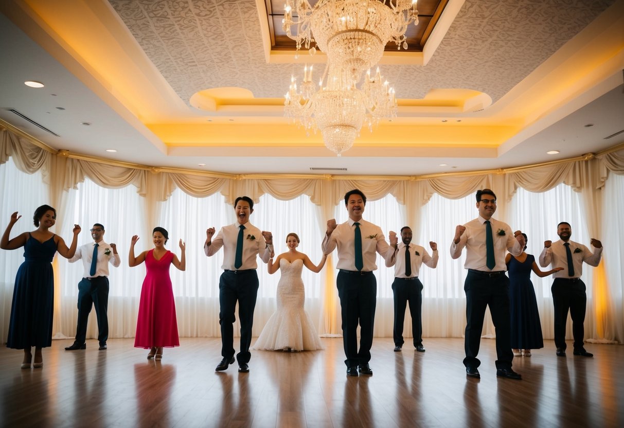 A group of people stand in a decorated wedding venue, practicing their movements and positions for the upcoming ceremony