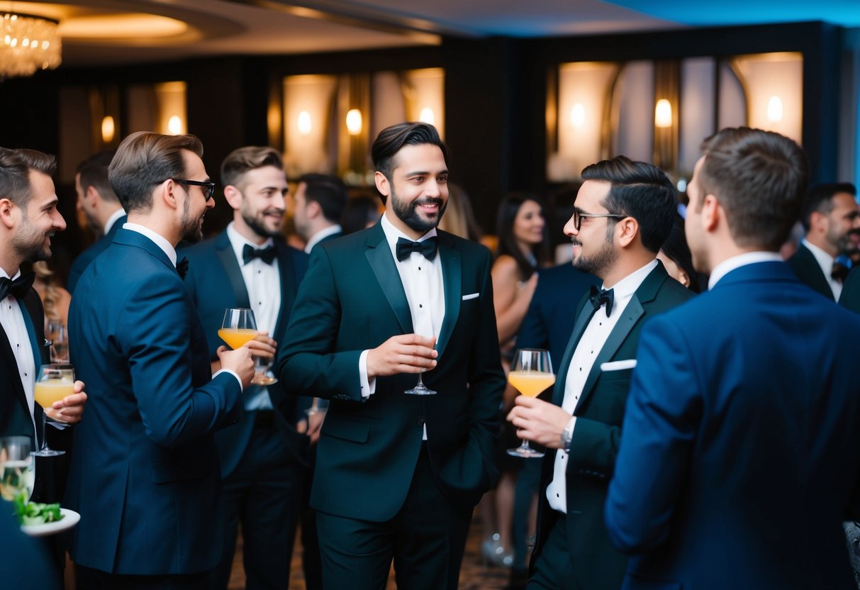 Guests in cocktail attire mingle in a stylish venue with dim lighting and elegant decor, sipping drinks and chatting in small groups