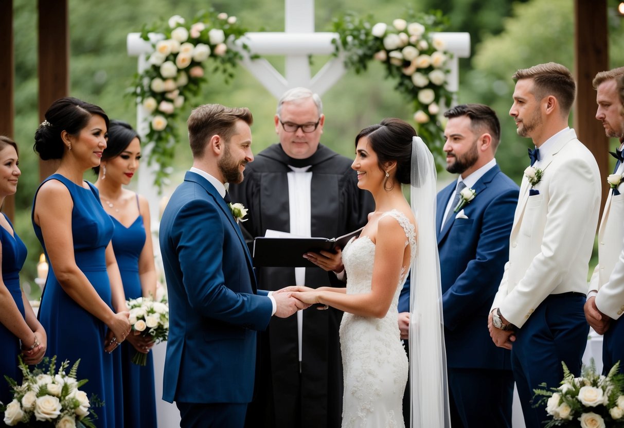 A bride and groom stand at the altar, surrounded by their wedding party. The officiant directs them through the ceremony, as they practice their vows and ring exchange