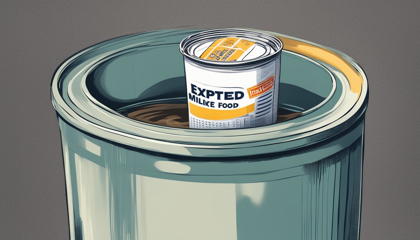 A can of expired sweetened condensed milk being disposed of in a trash bin labeled "Expired Food Only."