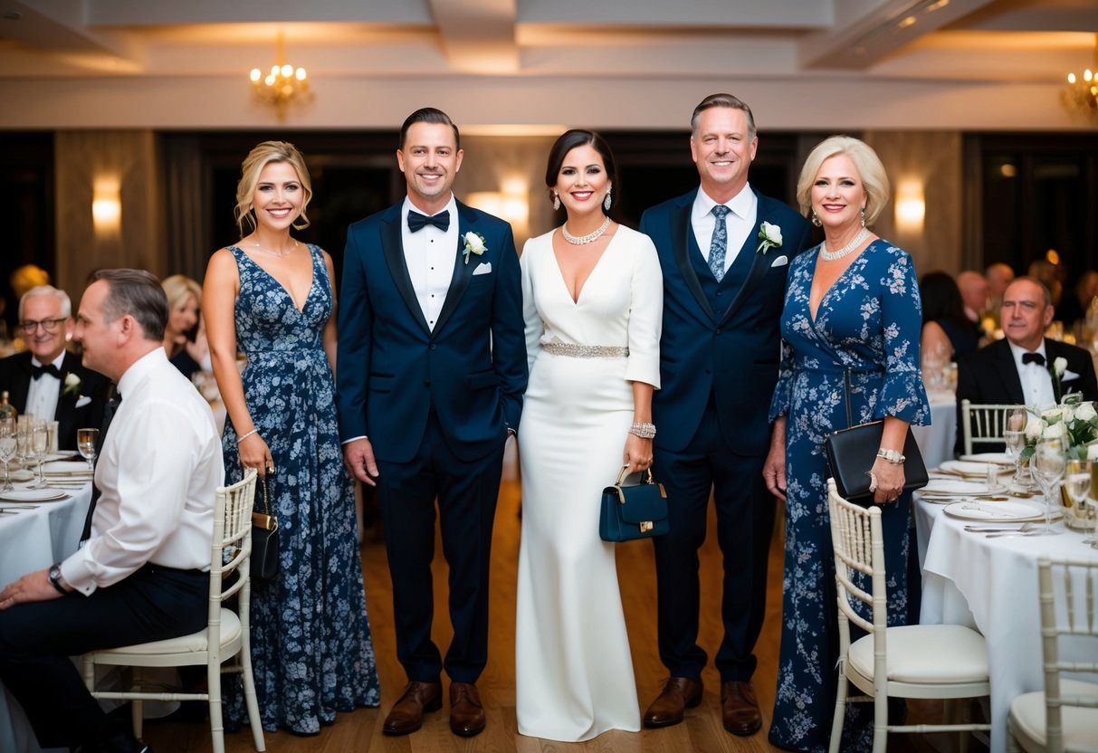 Guests at a wedding rehearsal dinner wear elegant attire, with women in stylish dresses and men in suits or dress shirts. Accessories such as jewelry, ties, and handbags complete the look