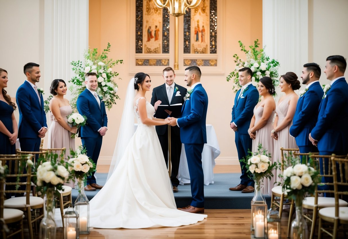A bride and groom stand at the altar while a wedding coordinator directs the bridal party in a beautiful, decorated venue