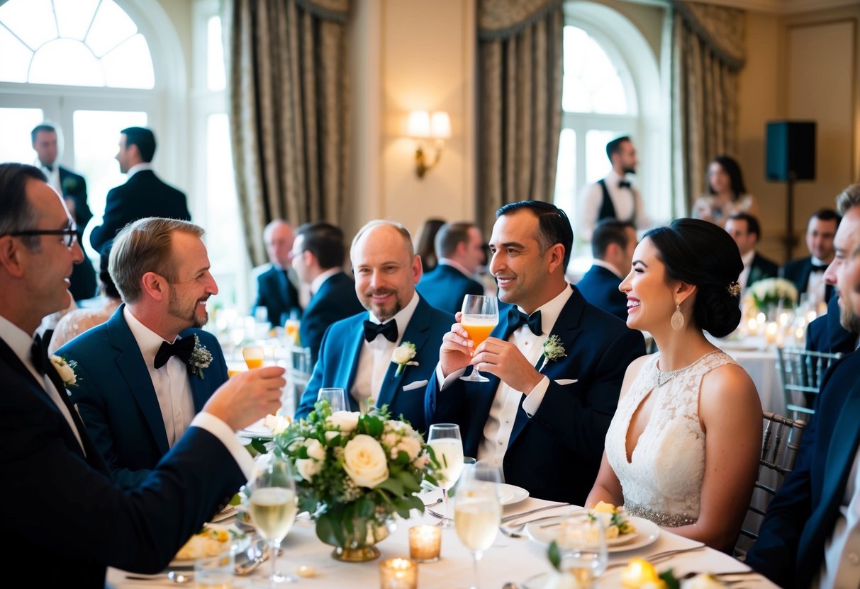 Guests in stylish attire mingle at an elegant wedding rehearsal dinner, sipping cocktails and chatting in a tastefully decorated venue