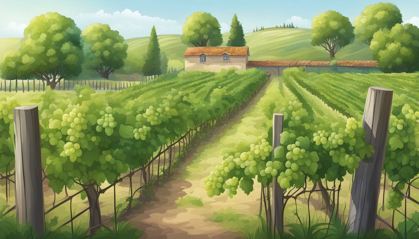 A lush vineyard with various grapevine varieties, including young shoots, surrounded by a fence to keep out animals