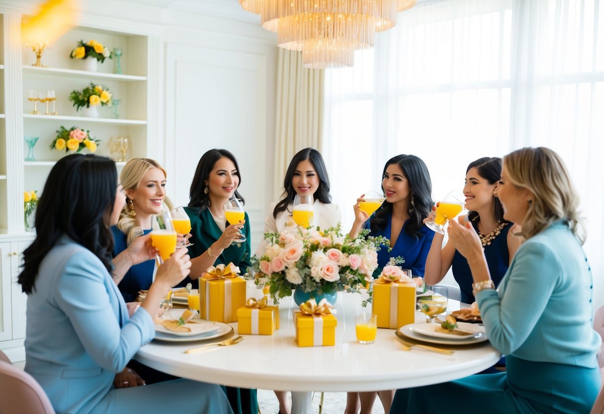 A group of women gather in a bright, elegant space, sipping drinks and chatting. A table is adorned with floral decorations and gifts