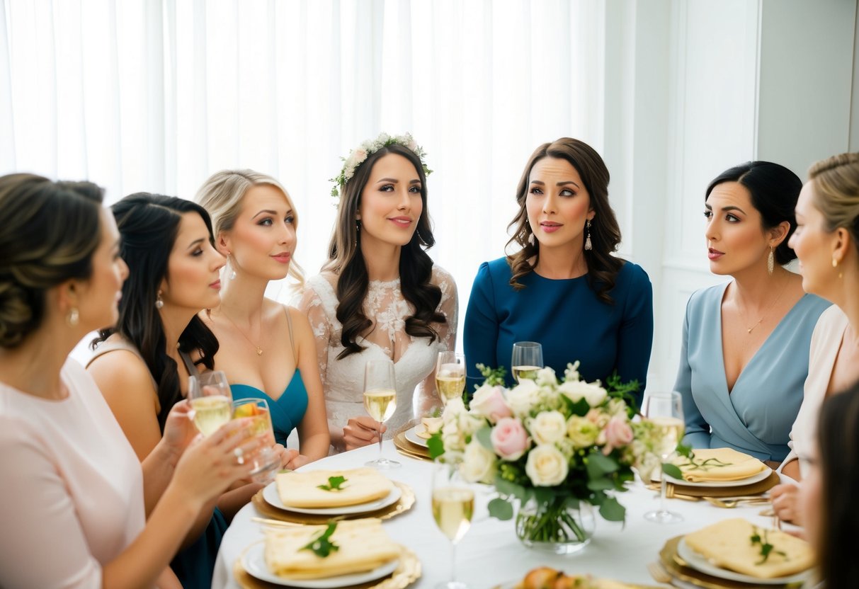 A group of women enjoying a bridal shower, with one guest bringing her husband. Others seem unsure about the etiquette