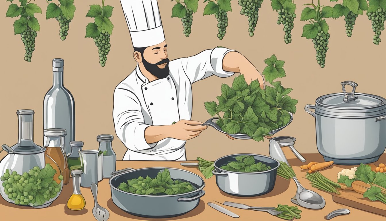 A chef carefully selects and prepares grapevine shoots, surrounded by various cooking utensils and ingredients