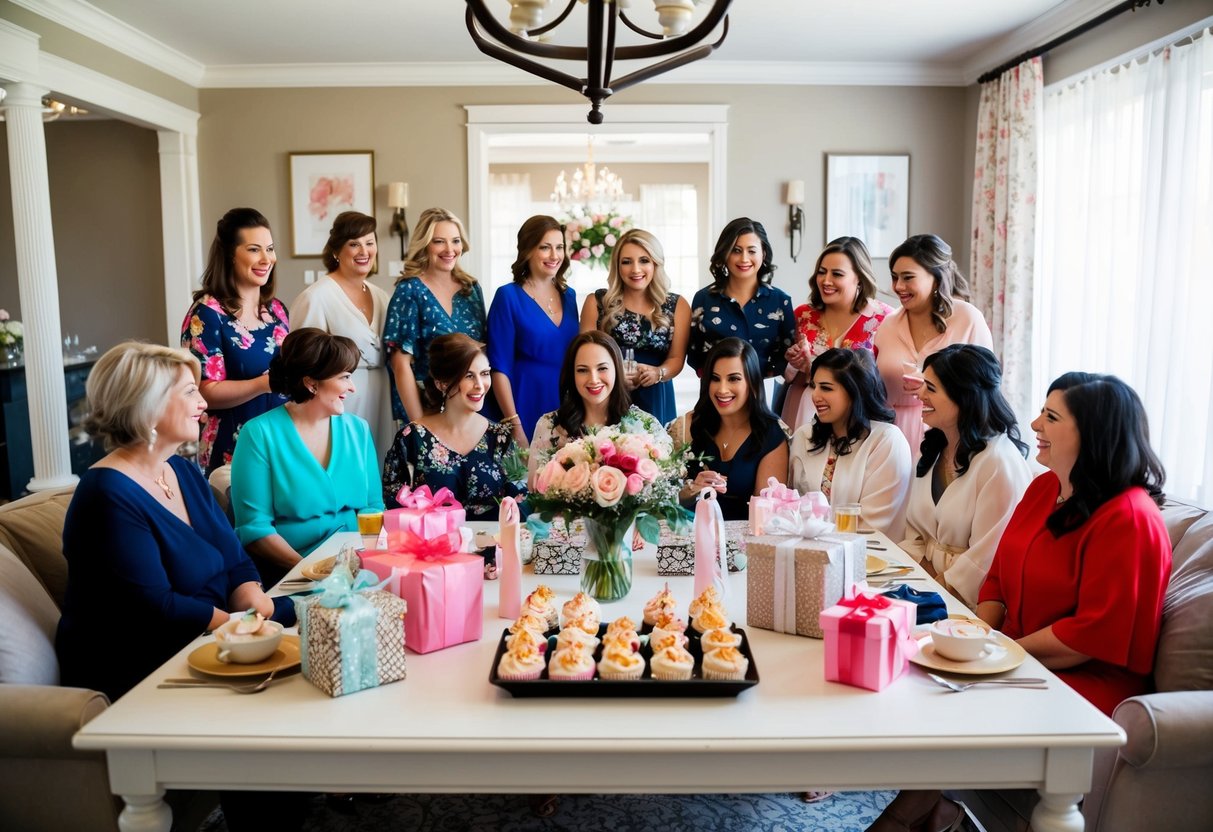 A group of women are gathered in a decorated living room, with a table set for a bridal shower. Gifts, flowers, and refreshments are arranged on the table