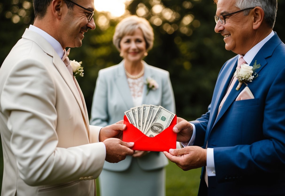The groom's parents give a red envelope containing money as a wedding gift