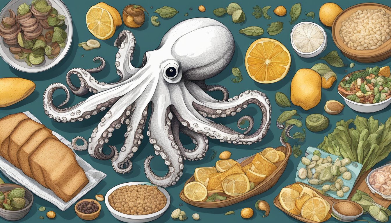 An octopus surrounded by various types of food and a nutrition label