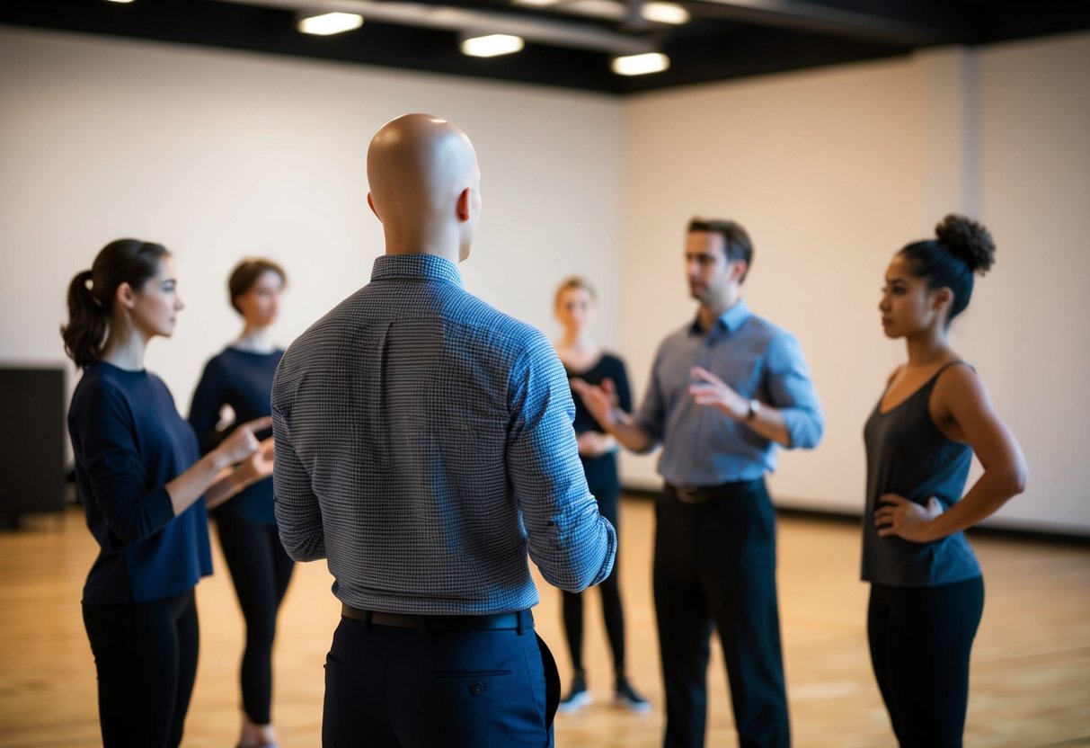 A figure stands at the front of a group, directing and guiding the others through the rehearsal