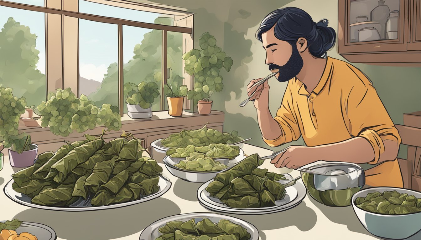 A person cooking and eating stuffed grape leaves at a dinner table