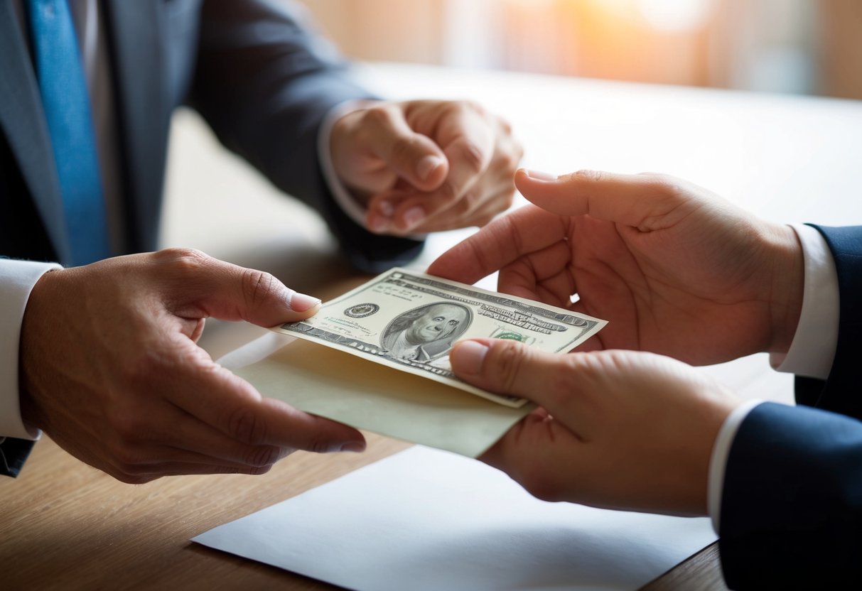 A pair of hands exchanging a sealed envelope containing money