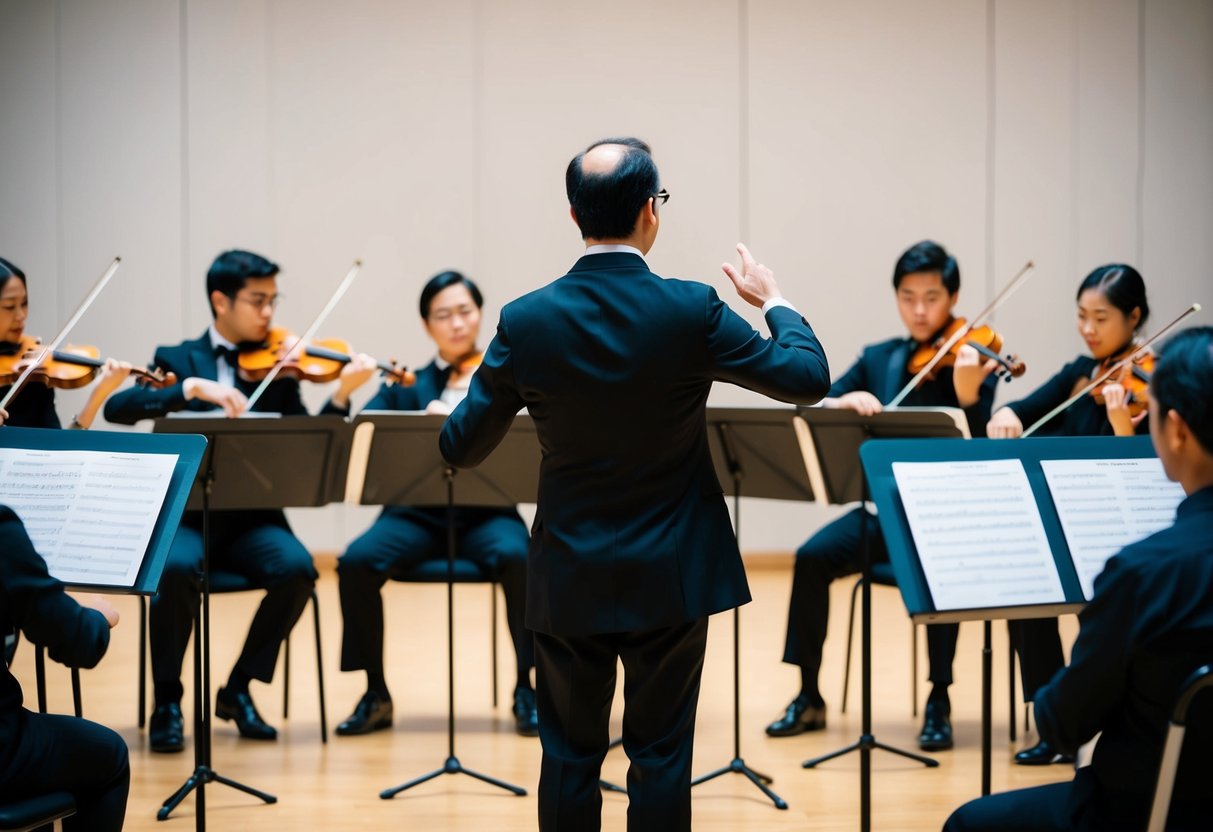 A conductor stands before a group of musicians, directing their movements and guiding the rehearsal