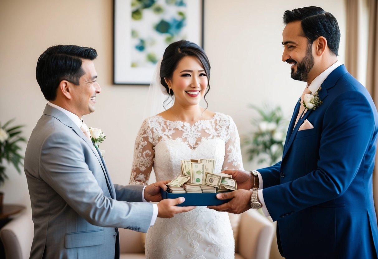 The groom's parents presenting a financial contribution to the couple, symbolizing their support for the wedding
