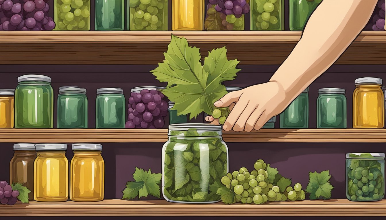 A hand reaching for a jar of grape leaves on a shelf