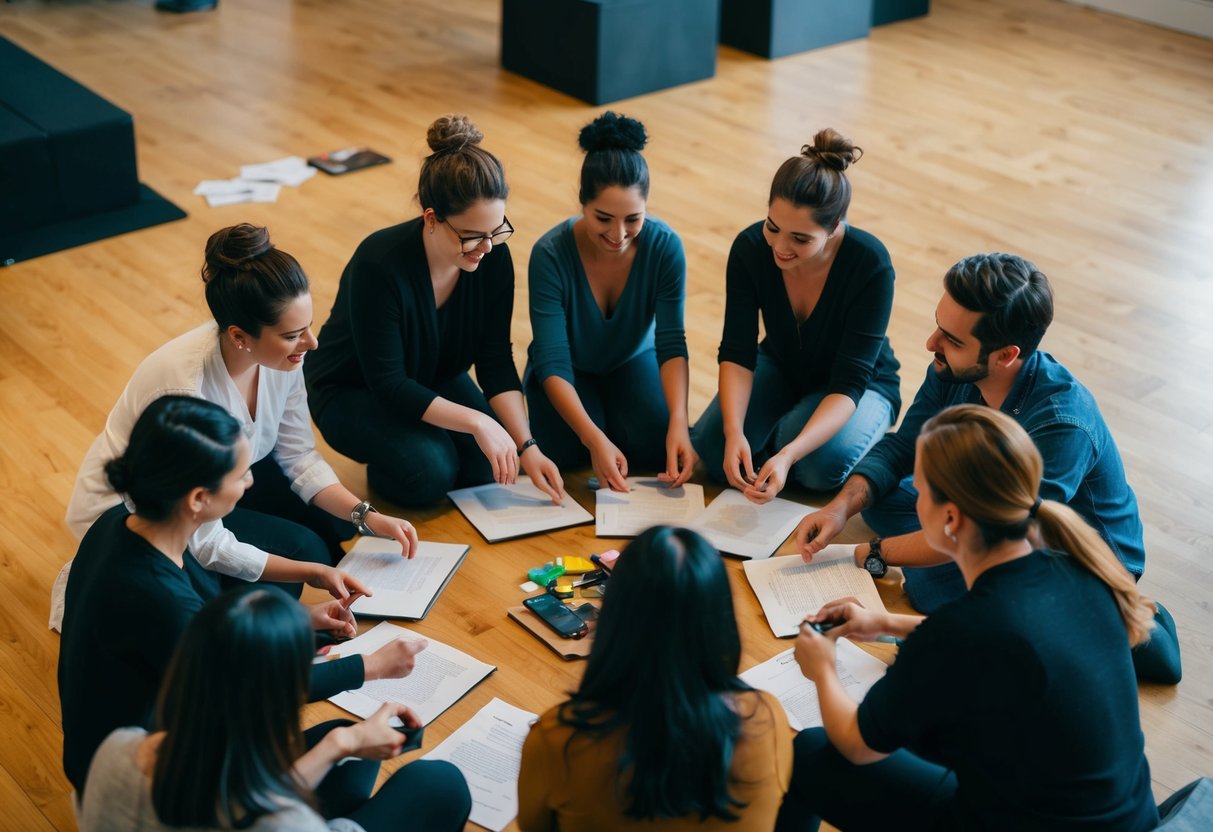 A group of artists gather in a circle, sharing ideas and working together to create a performance