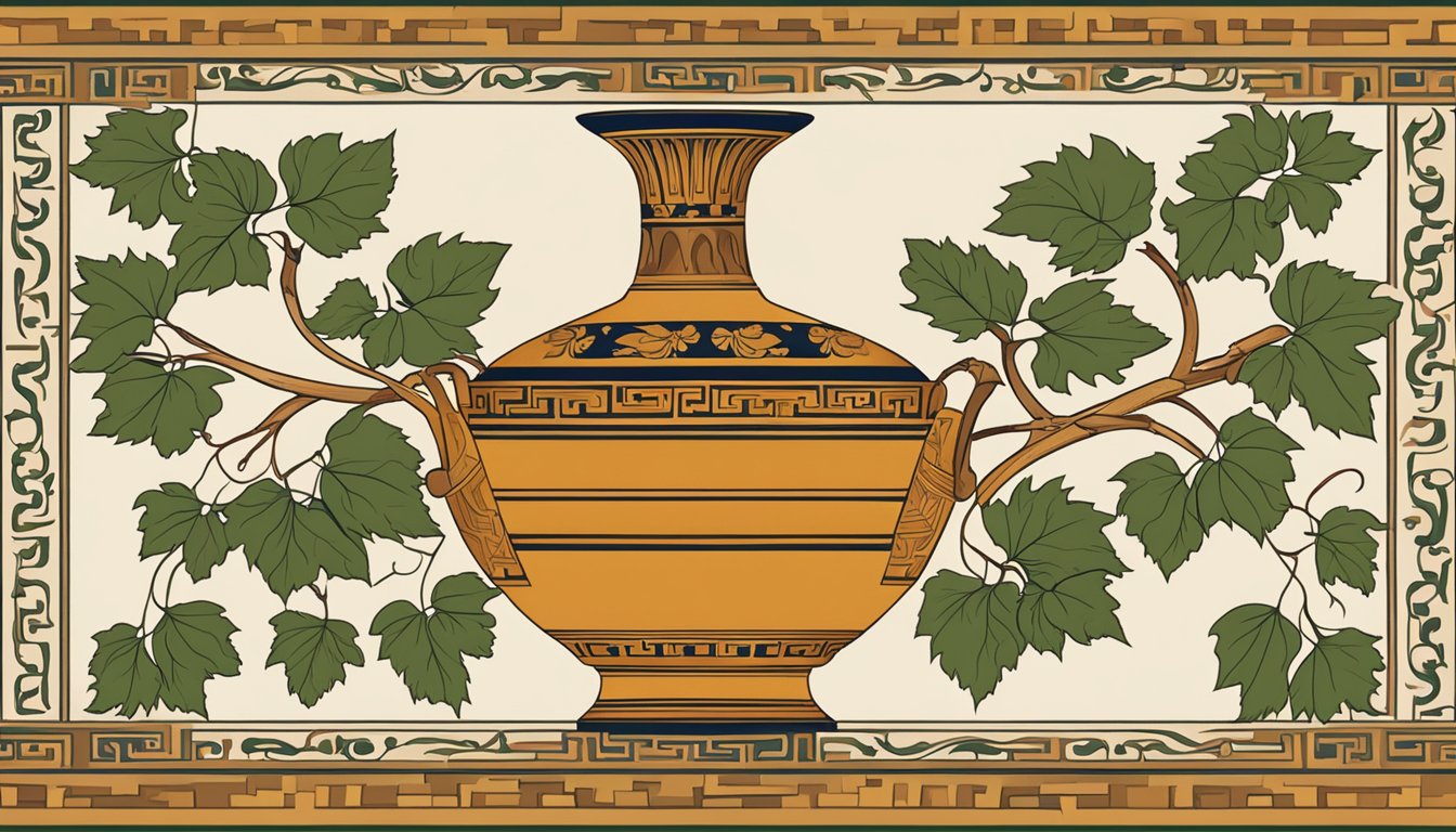 An ancient Greek vase with grape leaves and a scroll of historical significance