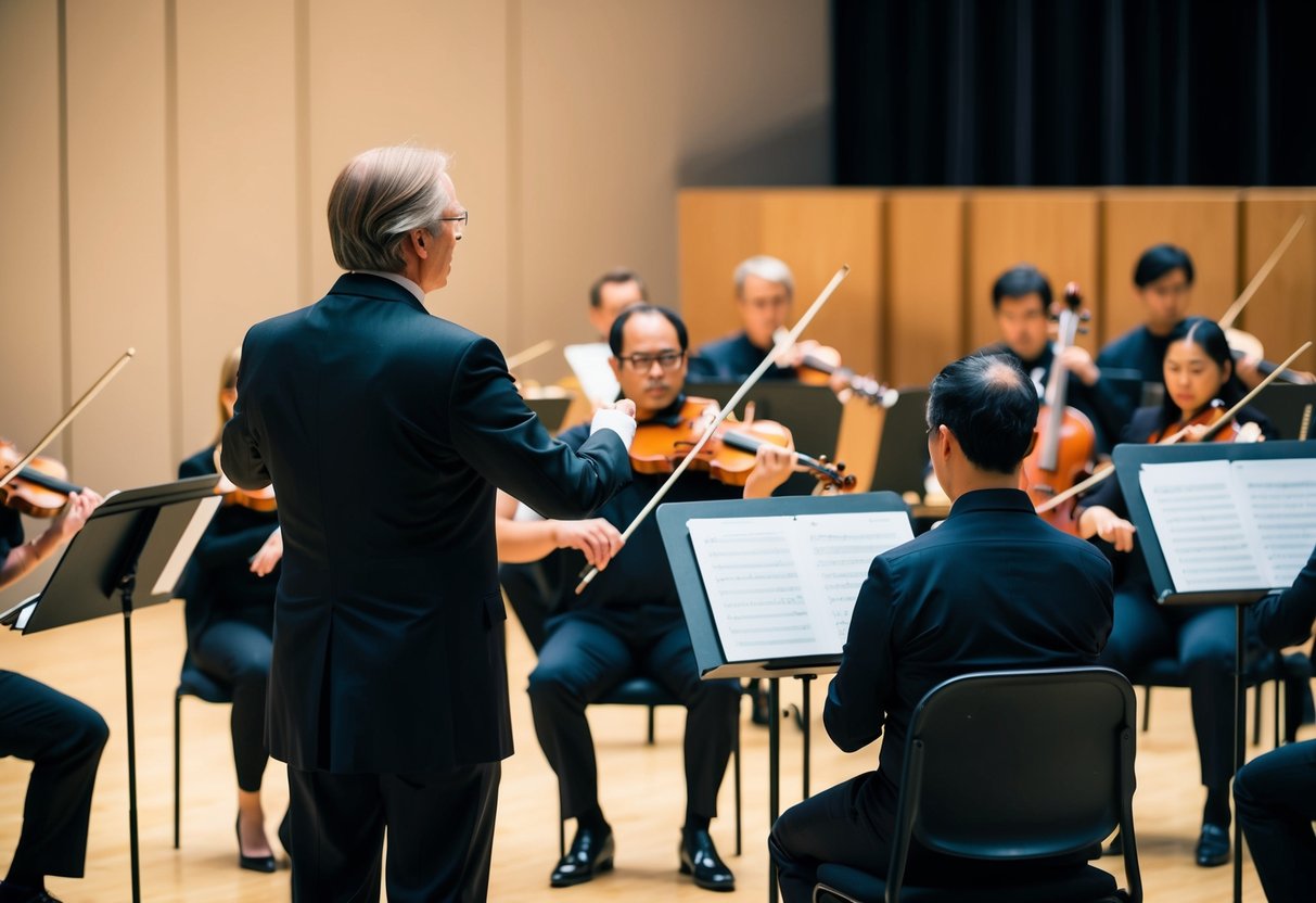 A conductor leads a diverse group of musicians in rehearsal for various music and performance genres