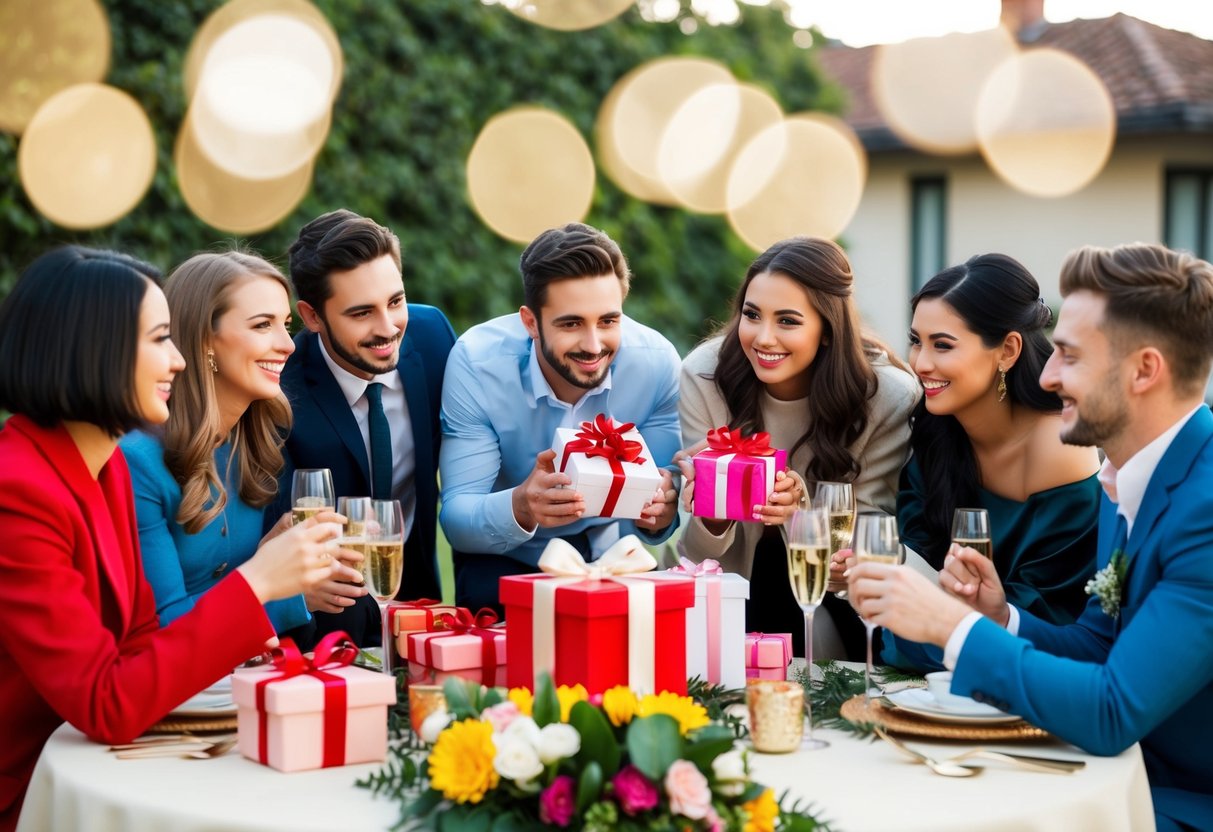 A group of friends gather around a beautifully decorated table with gifts and flowers, celebrating the upcoming wedding