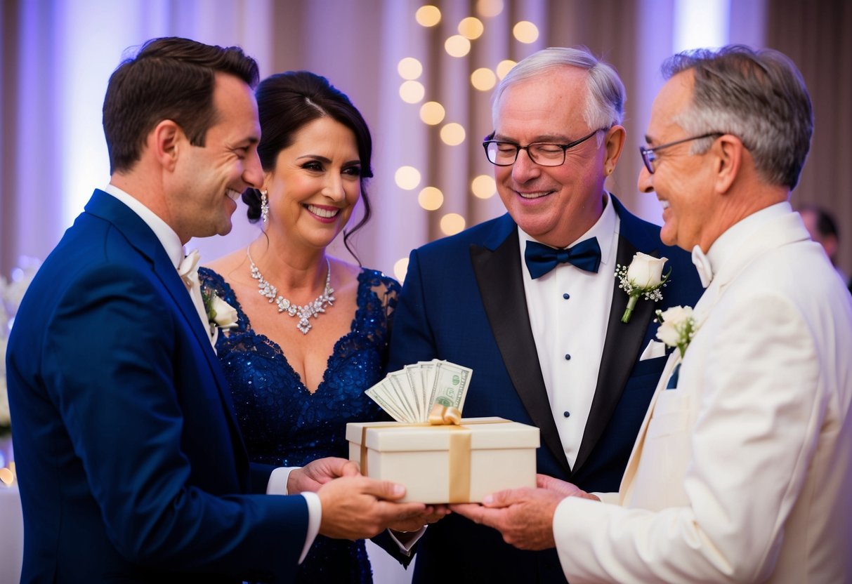 The groom's parents present a monetary gift in an elegant envelope during the wedding reception, symbolizing their support and well wishes for the newlyweds
