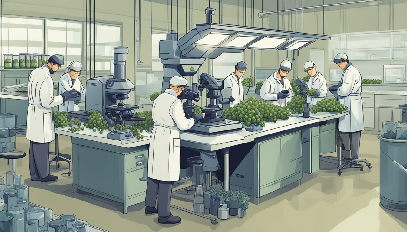 A group of scientists in a laboratory examining grape leaves under a microscope and conducting experiments to determine their safety for consumption