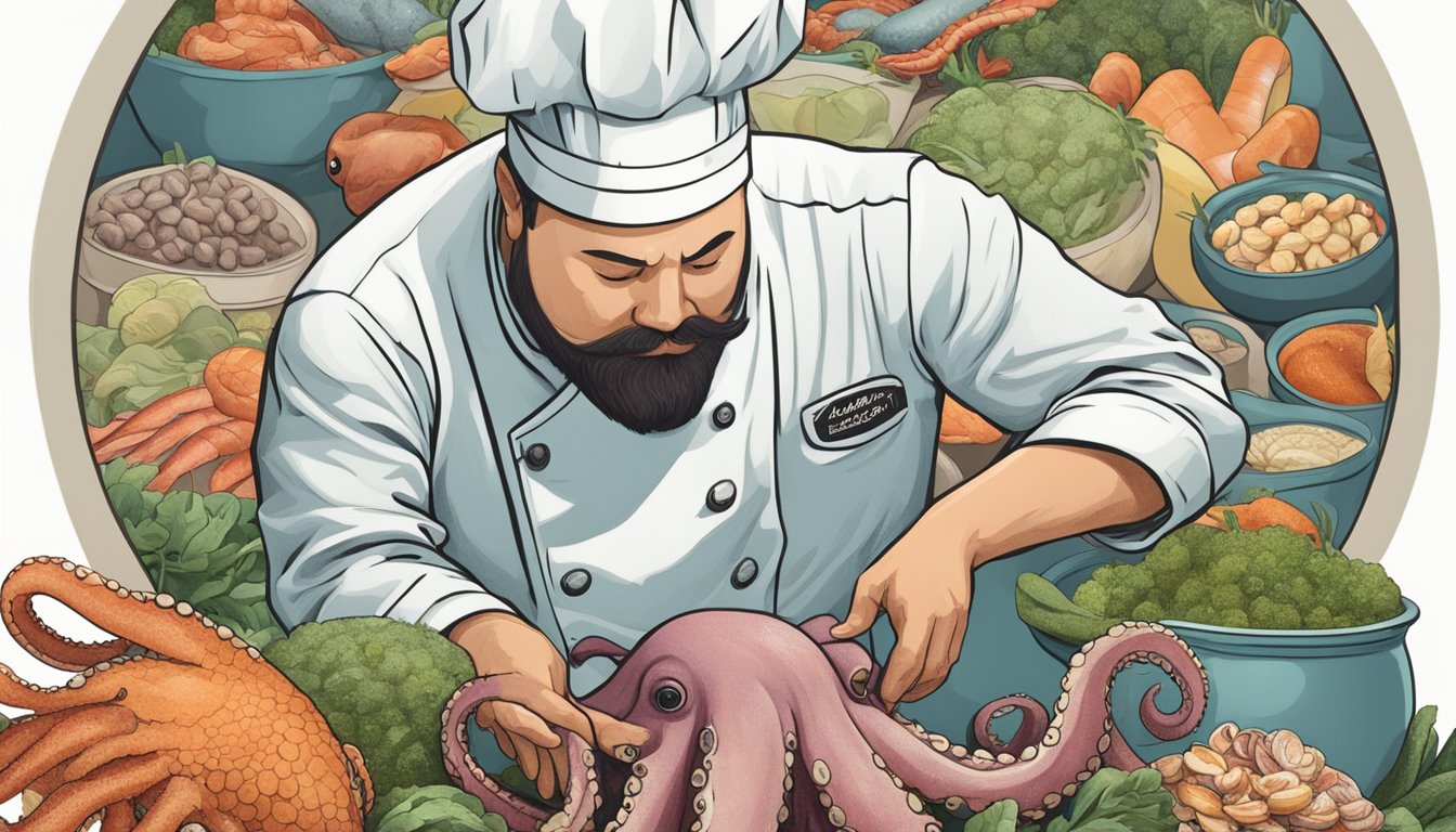 A chef examining an octopus with a concerned expression, surrounded by various seafood ingredients and a sign reading "Potential Health Risks."