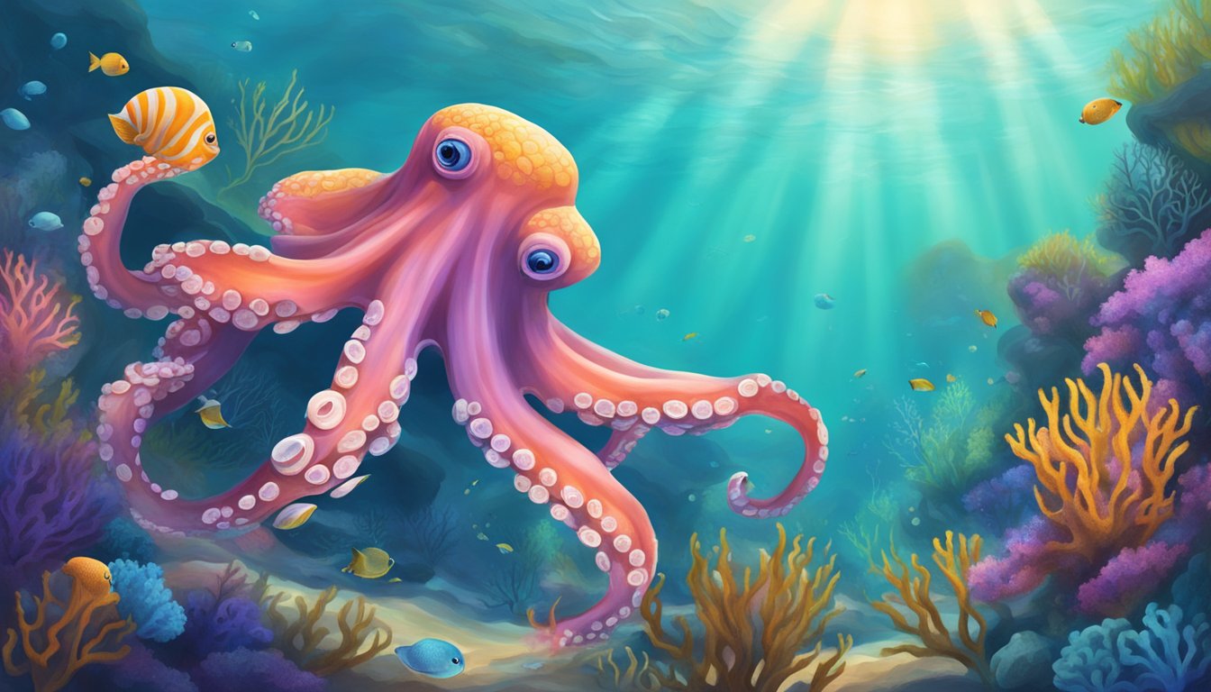 A serene underwater scene with a vibrant coral reef and a curious octopus swimming gracefully among the marine life