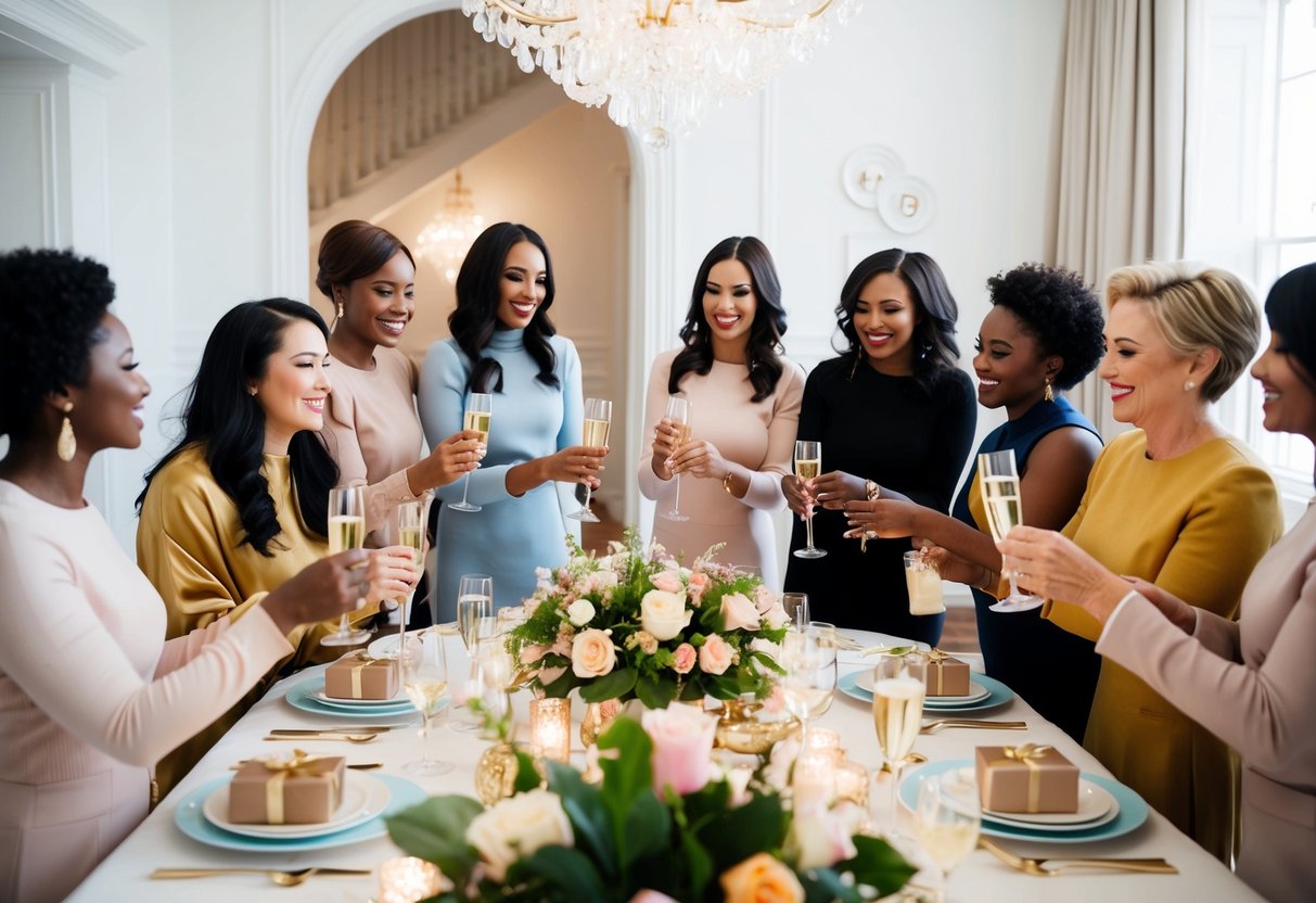 A group of diverse women gathered around a beautifully decorated table, sipping on champagne and exchanging gifts in a bright and elegant setting