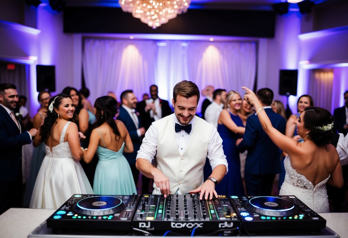 A festive wedding reception with a lively DJ, mixing music on a stage while guests dance and celebrate