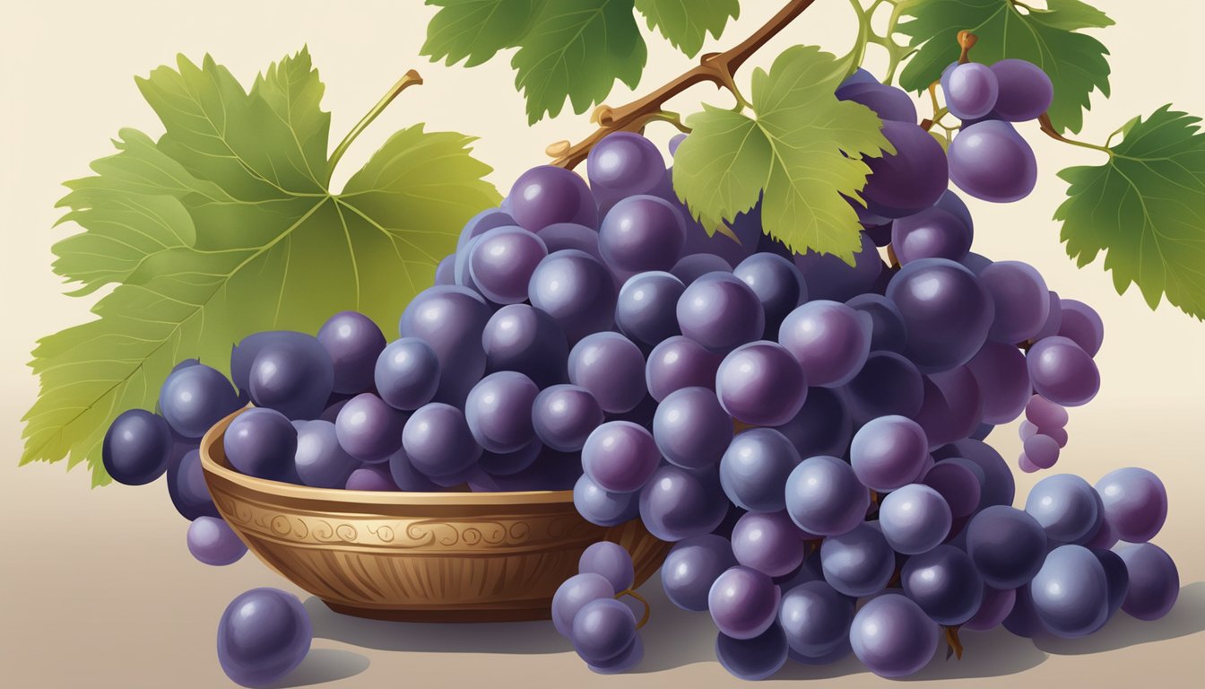 A cluster of ripe grapes with visible seeds, surrounded by scattered grape seeds and a small dish of grape seed oil