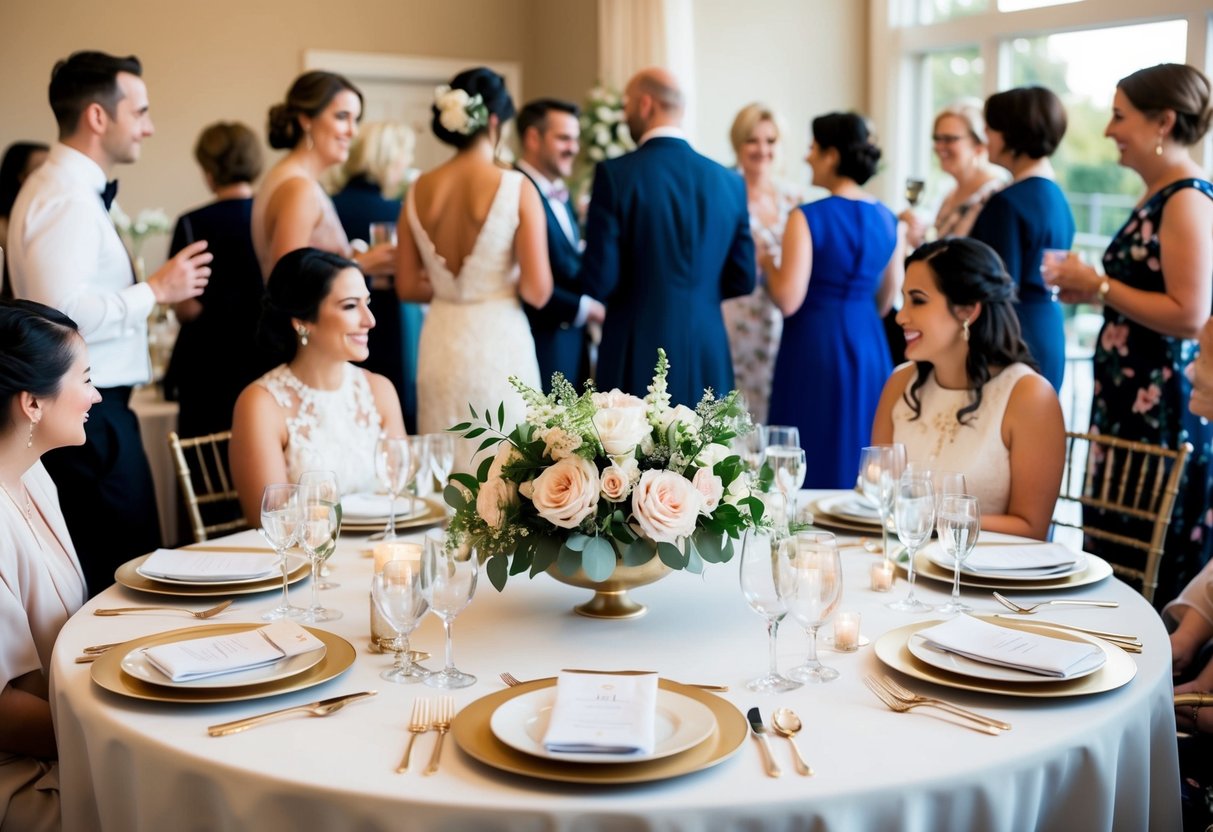 A table set with elegant place settings and a floral centerpiece, surrounded by guests mingling and chatting at a wedding shower