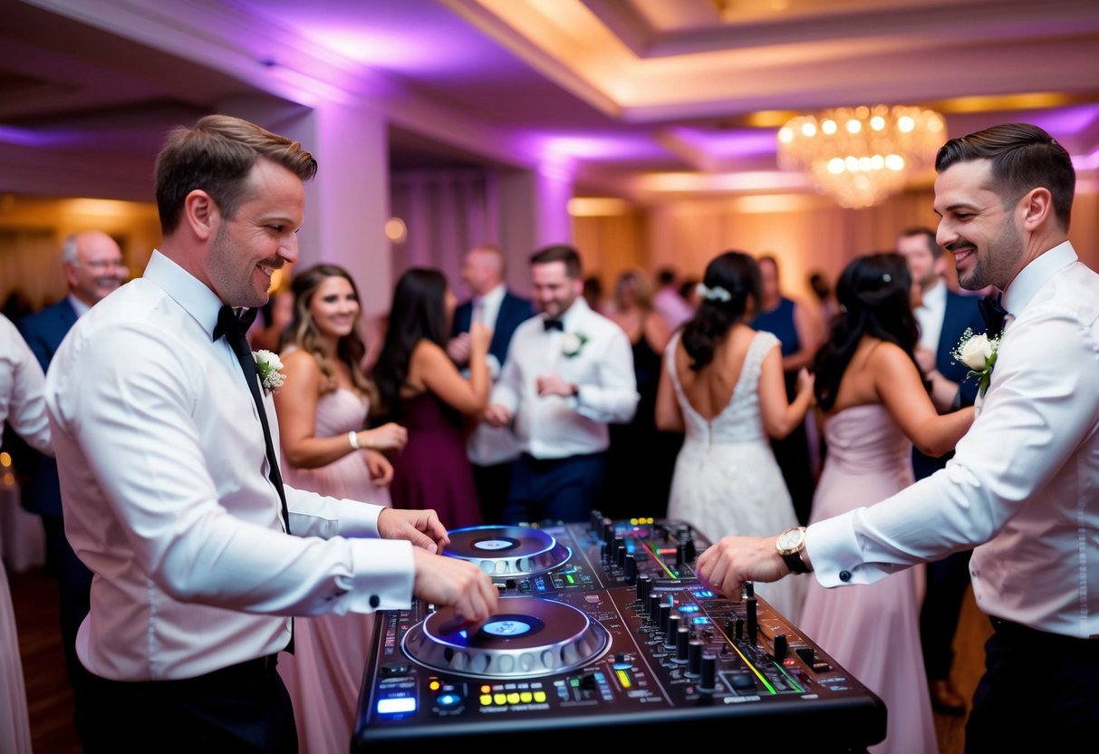 A lively wedding reception with a DJ spinning music while guests dance and mingle, creating a festive and entertaining atmosphere