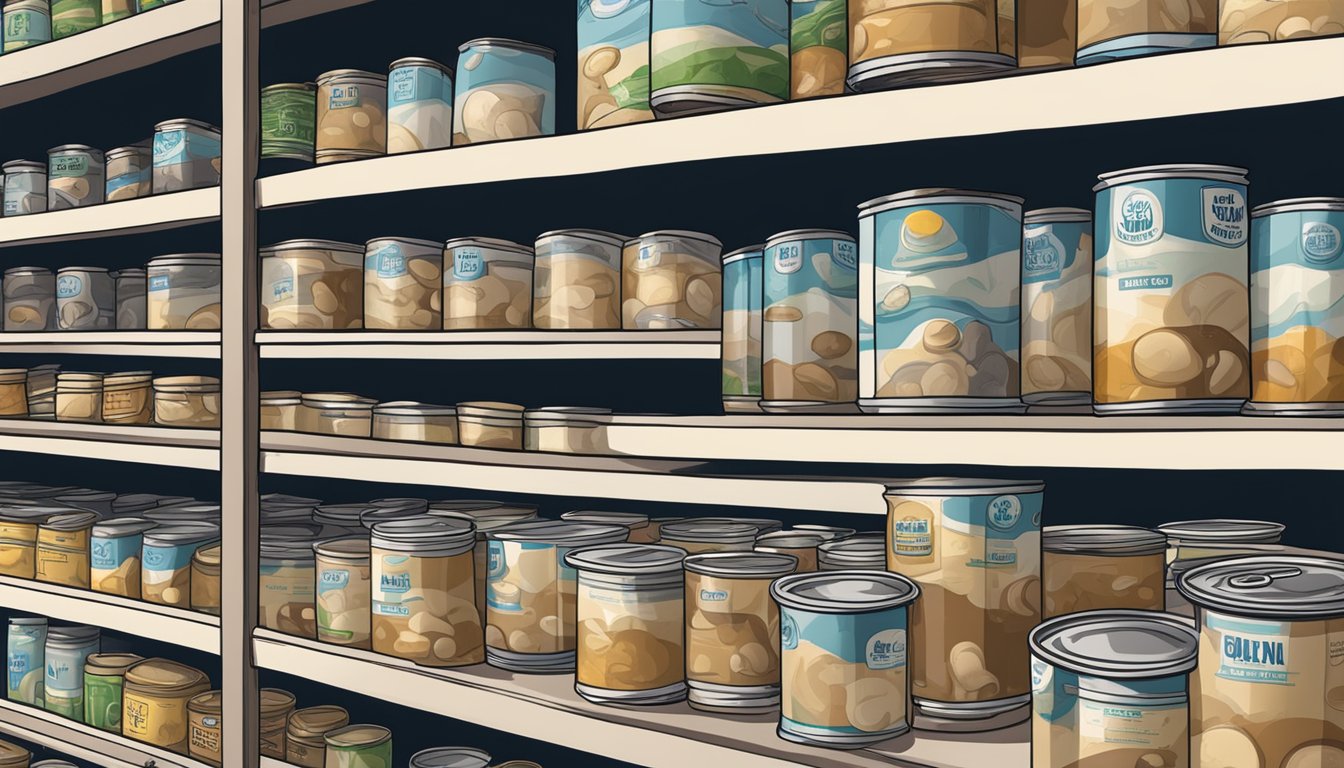 A can of mushroom gravy with a faded expiration date sits on a cluttered pantry shelf