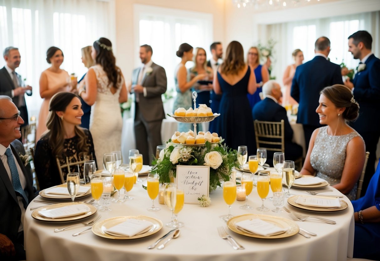 A table set with elegant place settings, surrounded by guests mingling and enjoying refreshments. A sign indicates the host of the wedding shower