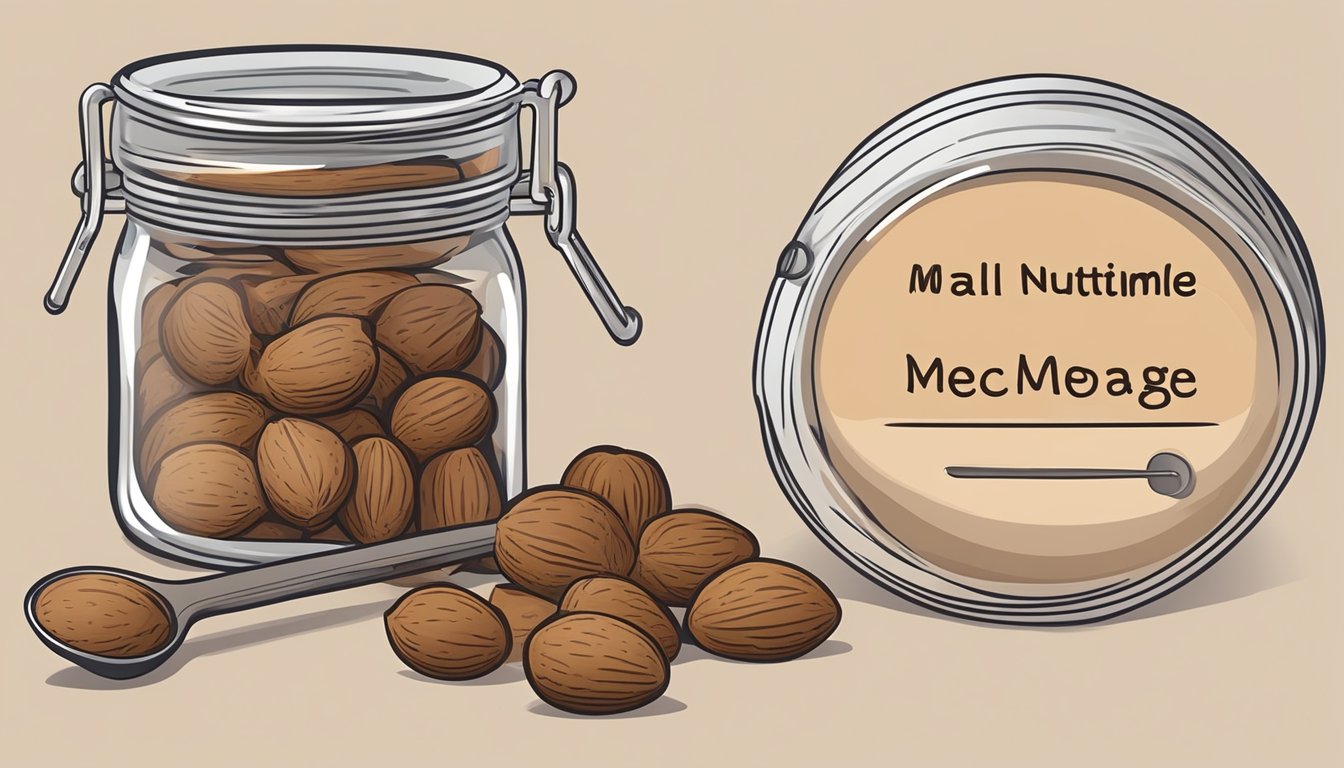 A small pile of whole nutmeg seeds next to a measuring spoon and a labeled container for dosage