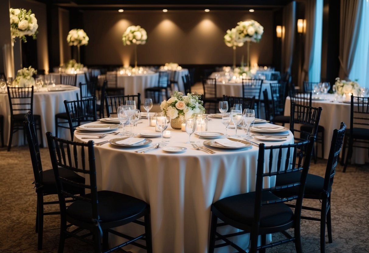 A beautifully set table with empty chairs, surrounded by elegant decorations and dim lighting, evoking a sense of anticipation and absence
