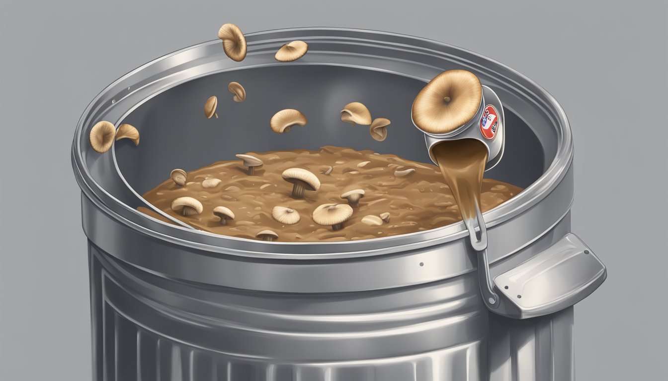 An open can of expired mushroom gravy being tossed into a trash bin