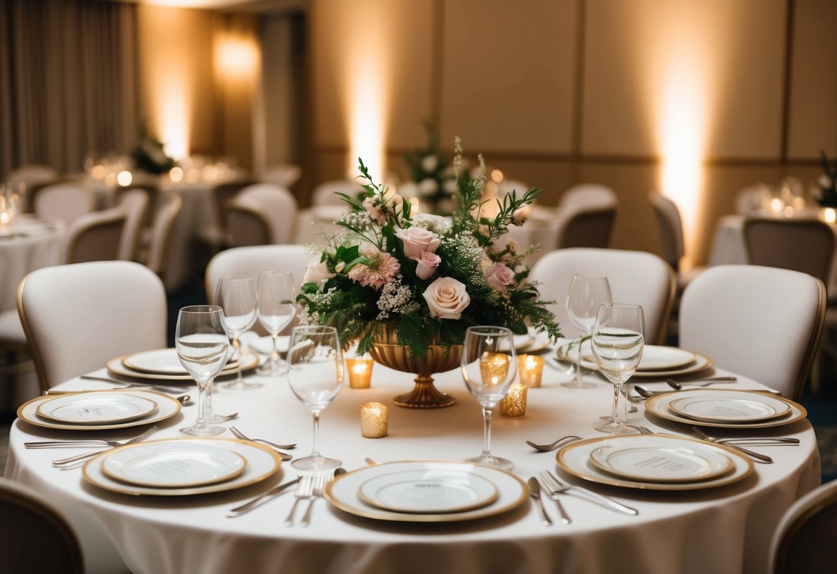 A table set with elegant dinnerware and a floral centerpiece, surrounded by chairs. A warm, inviting atmosphere with soft lighting and a sense of celebration