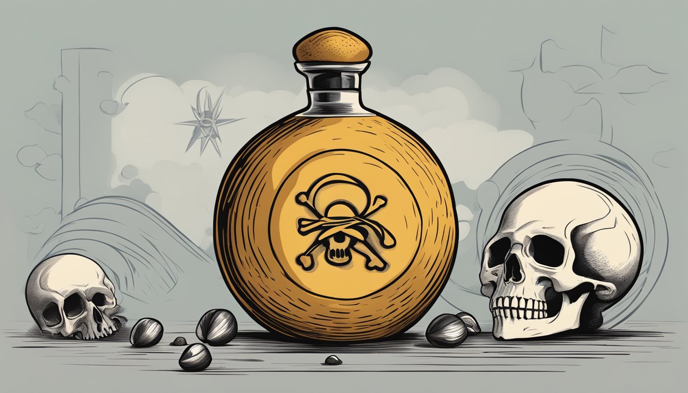 A nutmeg with a warning sign, surrounded by a skull and crossbones, and a question mark