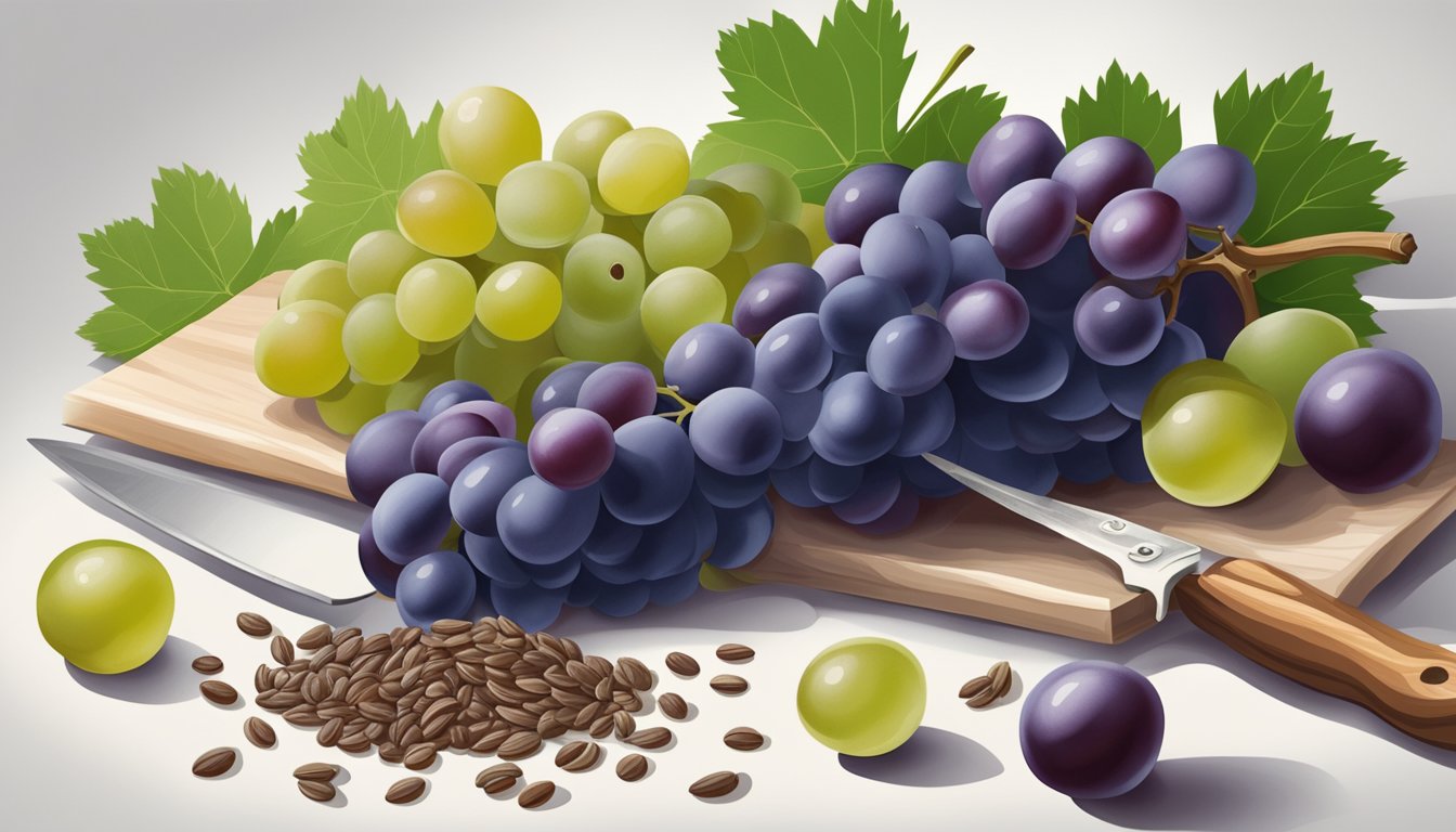 A pile of grape seeds sits on a clean, white surface, surrounded by a few whole grapes and a knife