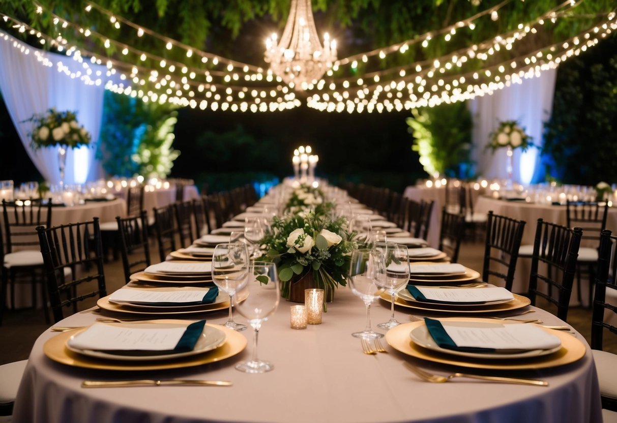 A table set with elegant place settings, surrounded by twinkling lights and lush greenery, awaits guests for a rehearsal dinner
