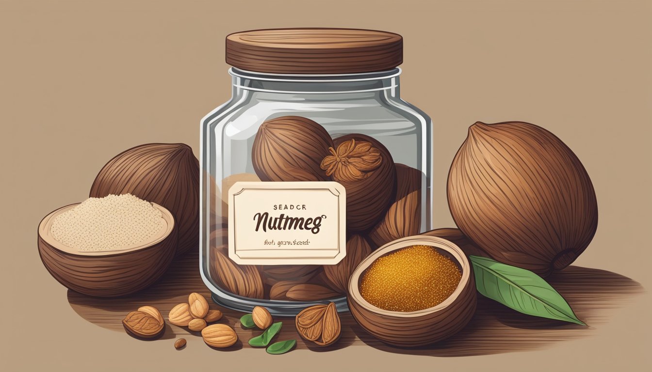 A nutmeg seed is sealed in a glass jar with a tight lid, surrounded by other spices on a wooden shelf