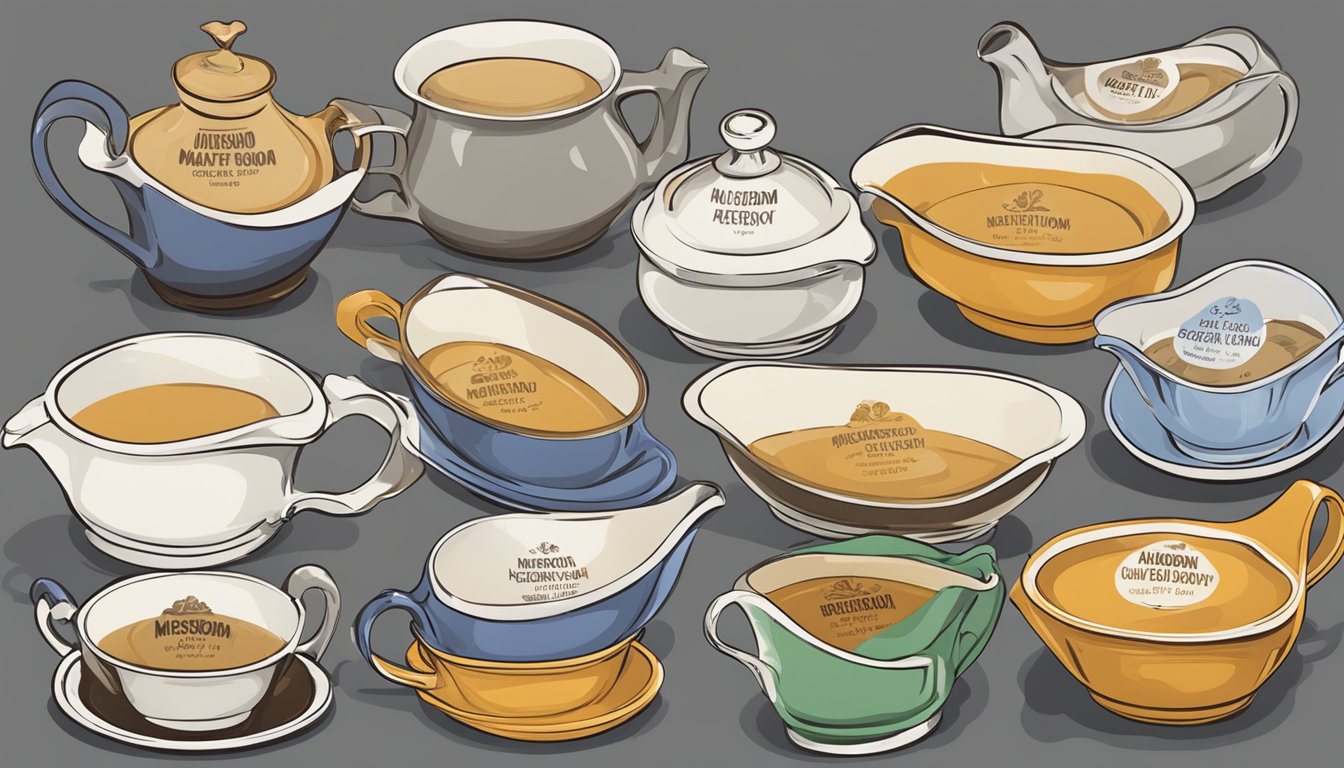 A variety of gravy boats with labels showing mushroom gravy past its expiration date