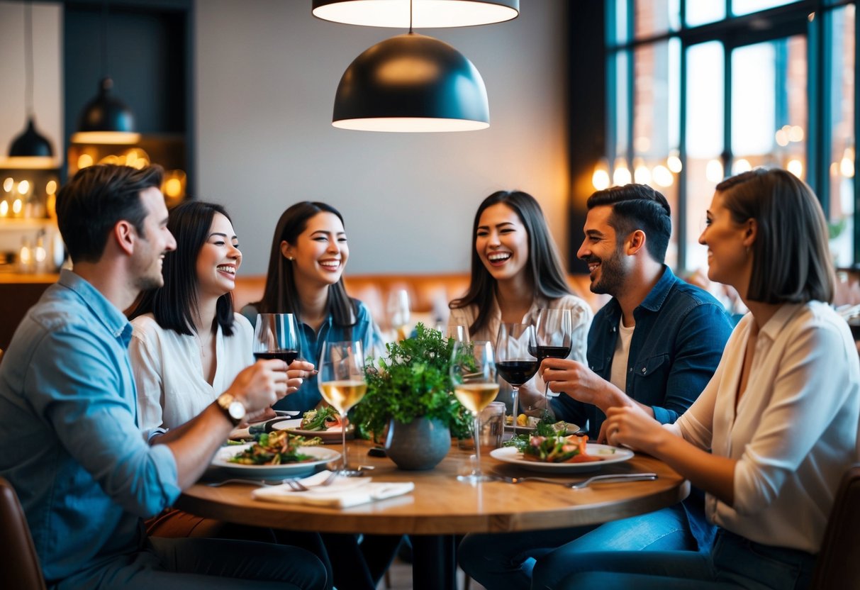 A group of people enjoying a casual dinner at a trendy restaurant, laughing and chatting without any formalities