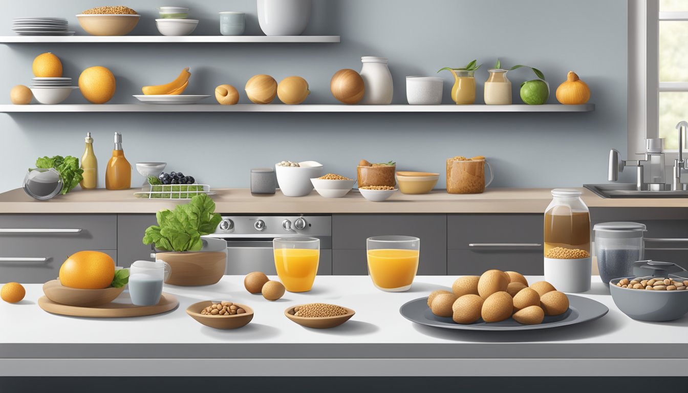 A modern kitchen counter with various food and drink items, with a prominent focus on a whole nutmeg and a question mark