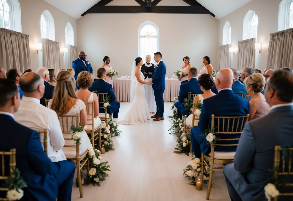 The wedding rehearsal is formal, with guests seated in rows, an officiant standing at the front, and a couple practicing their vows