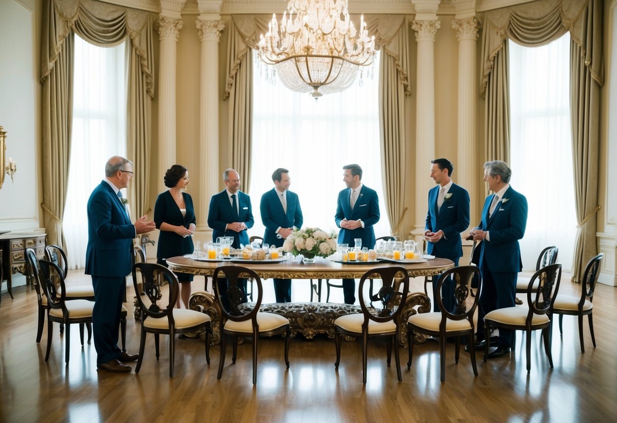 A group of people stand in a spacious, elegant room, discussing and arranging chairs in a semi-circle. A large, ornate table is set with refreshments