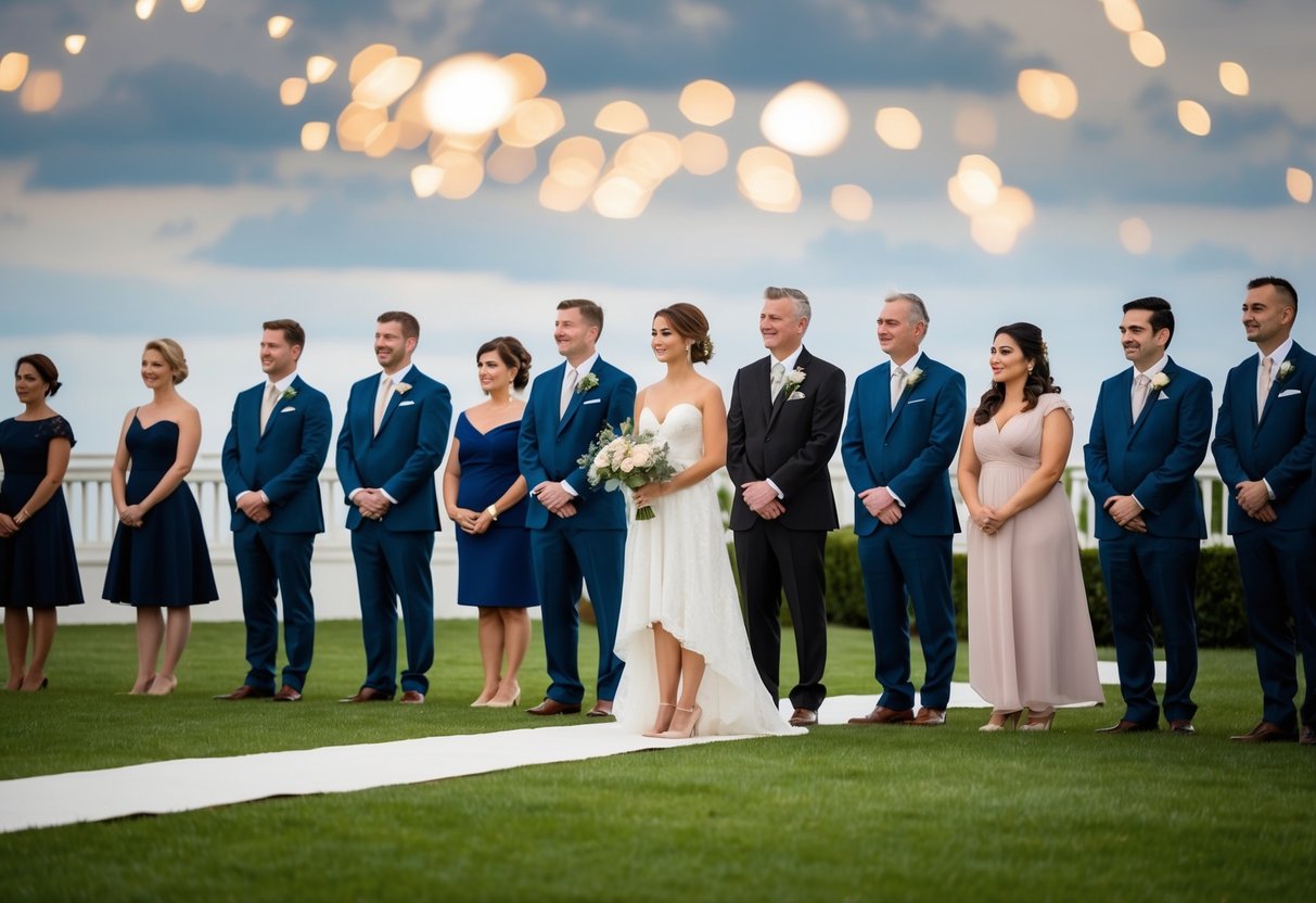 A group of people stand in a formal setting, following a precise order of events, practicing for a wedding ceremony