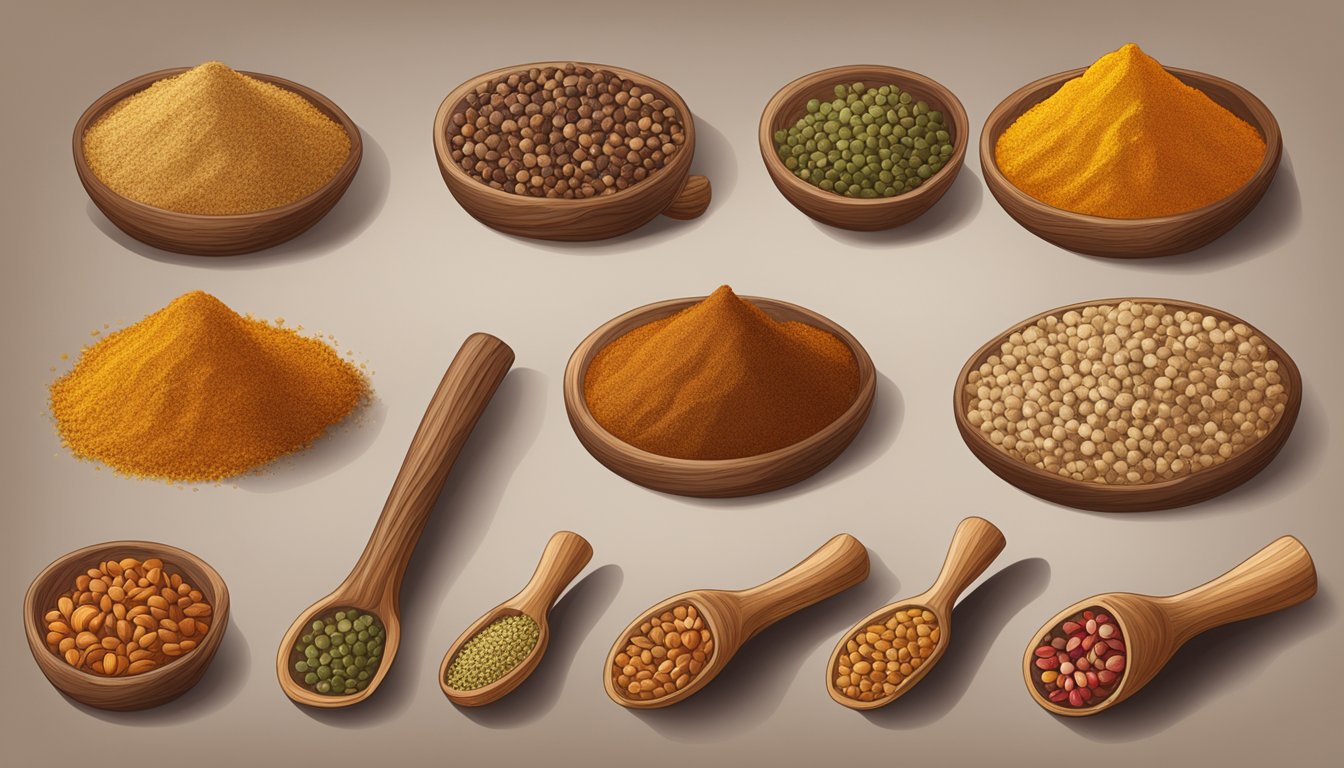 A variety of spices, including nutmeg, arranged on a wooden cutting board for comparison